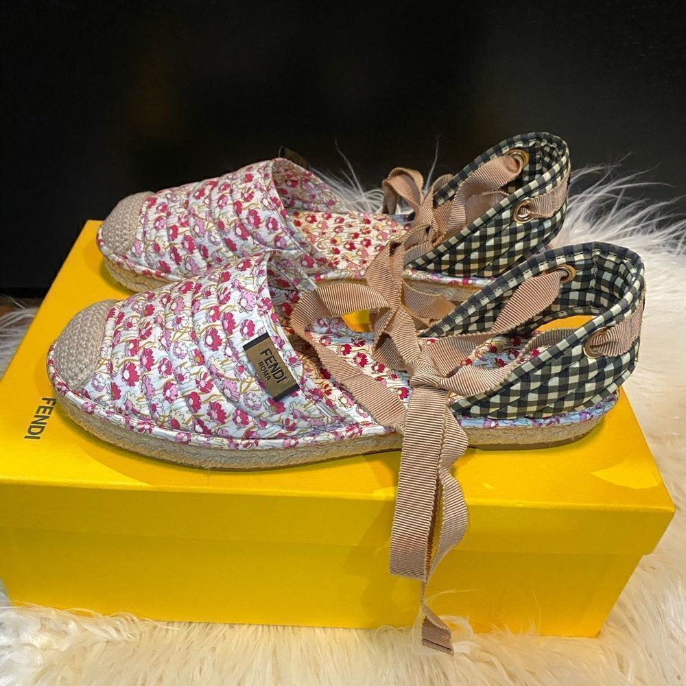 Fendi Quilted floral & gingham canvas espadrilles flats shoes